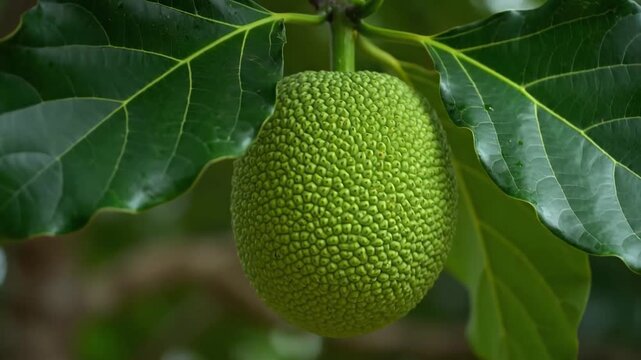 Closeup of a ripe green breadfruit hanging from a tree branch surrounded by lush leaves.