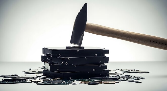 A hammer smashes a stack of hard drives, data destruction concept on white background