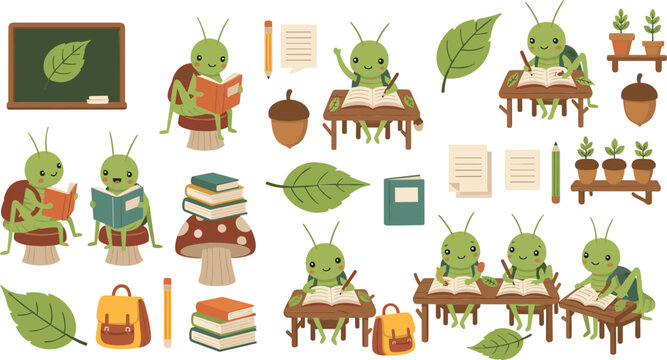 Cute Cartoon Grasshopper School Characters Studying Reading Books Classroom Education Set with Blackboard Leaves Backpack Vector Illustration