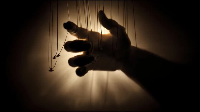 Silhouette of a hand entangled in strings with dramatic backlight