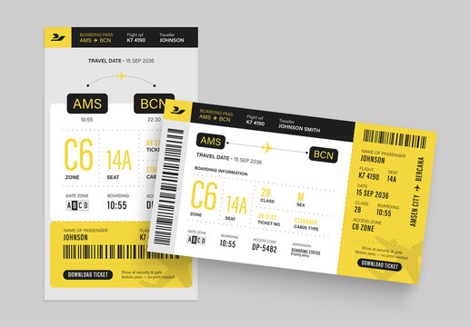 Airline Boarding Pass Ticket Template, Flight Voucher Coupon, Travel Event Invitation Card