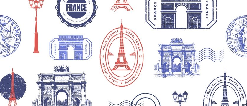 Blue and Red Vintage Pattern Stamp France Acrylic Tumblr