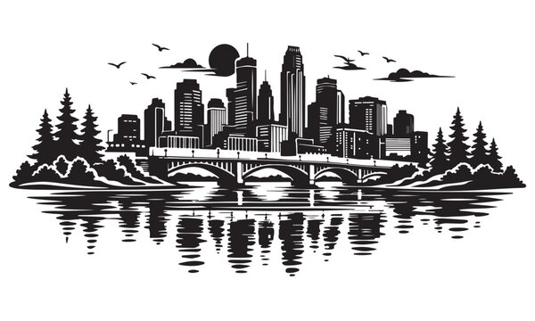 Minneapolis Skyline Silhouette, Silhouette Vector, Isolated on White Background