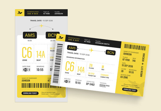 Airline Boarding Pass Ticket Template, Flight Voucher Coupon, Travel Event Invitation Card