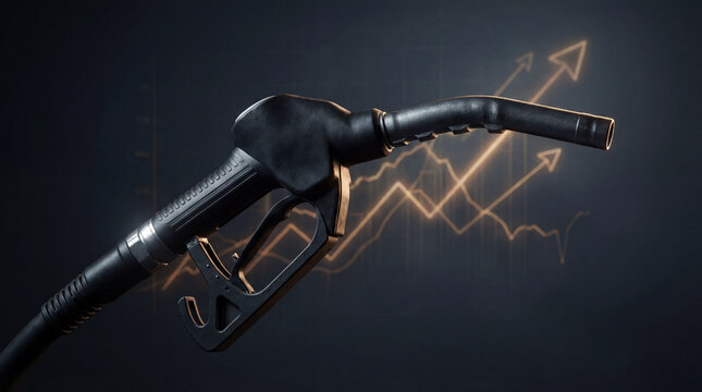 Energy market inflation concept with fuel nozzle and growth chart, oil market rise during war tensions