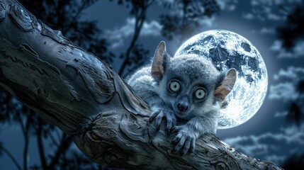 Fototapeta premium A nocturnal lemur with big eyes peeks from a tree branch under the bright, glowing full moon