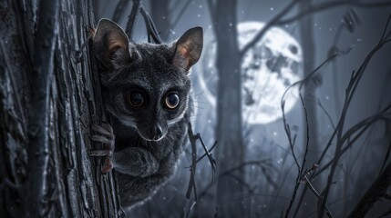 Fototapeta premium A nocturnal lemur, with large eyes, peeks from a tree trunk, under a moonlit forest