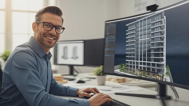 Architectural Visionary at Work: A seasoned architect, eyes alight with passion, meticulously crafts a modern building design on a cutting-edge computer setup.