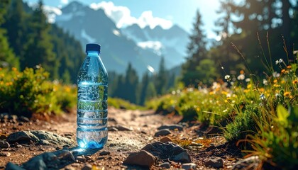 Fototapeta premium Clear plastic bottle of water rests on a trail in a sunlit mountain setting