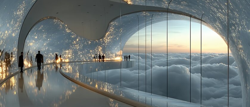 people walk inside a modern futuristic observatory overlooking clouds