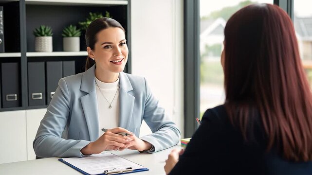 Businesswoman consulting client office meeting documentation handwritten notes