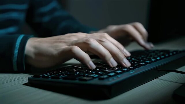 Closeup hands typing on keyboard in dim lab with green code projections, ai diagnostics overlay mapping data streams, software engineer reviewing telemetry, data analyst running scripts,