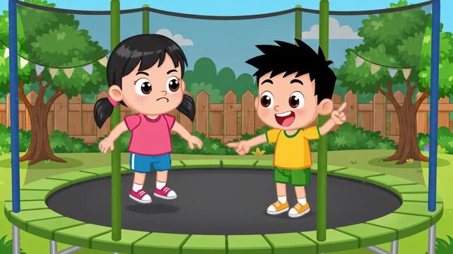 Animated children on trampoline arguing over game rules outdoors in yard with fenced background cartoon style colorful kids