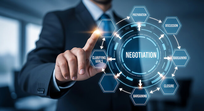 A businessman in a suit pointing at a negotiation process diagram