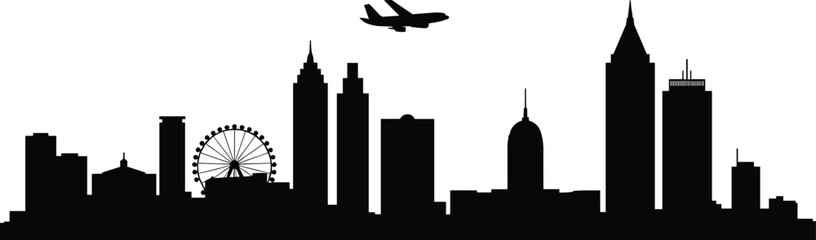 Obraz premium Modern city skyline silhouette with ferris wheel, skyscrapers and airplane flying above urban skyline, minimalist black metropolitan architecture isolated on light background