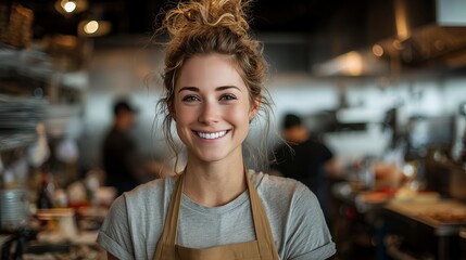 Obraz premium Portrait of a young female professional chef smiling in a commercial kitchen environment with blurred background, concept for culinary service, restaurant staffing and small business marketing