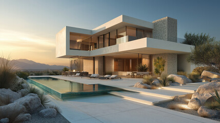 Fototapeta premium A premium modern villa showcasing elegant architectural design and luxury residential lifestyle.