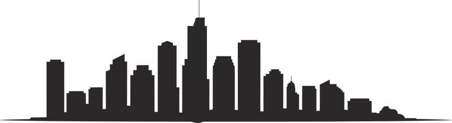 Obraz premium Modern downtown city skyline silhouette with skyscrapers and high rise buildings vector illustration black urban cityscape isolated on light background