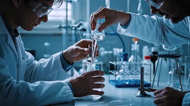 Scientists in modern lab pour reagent into beaker while colleague holds glassware, safety goggles and lab coats visible, bluetoned research facility with pipettes, racks, analytical