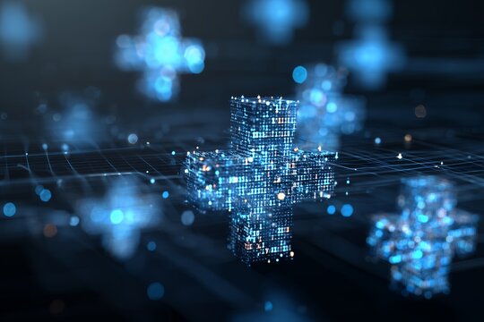 3D digital medical plus cross symbols made of glowing binary code data in blue futuristic background, concept for healthcare technology, digital pharmacy and medical data management