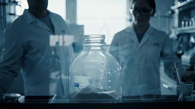 Two unspecified researchers pouring powder into jar, laboratory scene with beakers and shelving, careful measurement and mixing, cool clinical tones convey methodical experiment