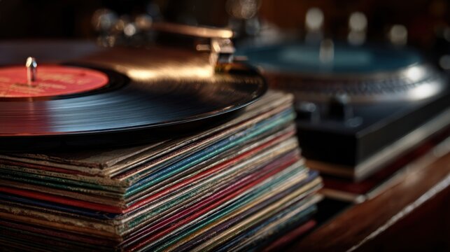 A close-up of a stack of new vinyl records, all classic Christmas albums, sitting on a turntable,