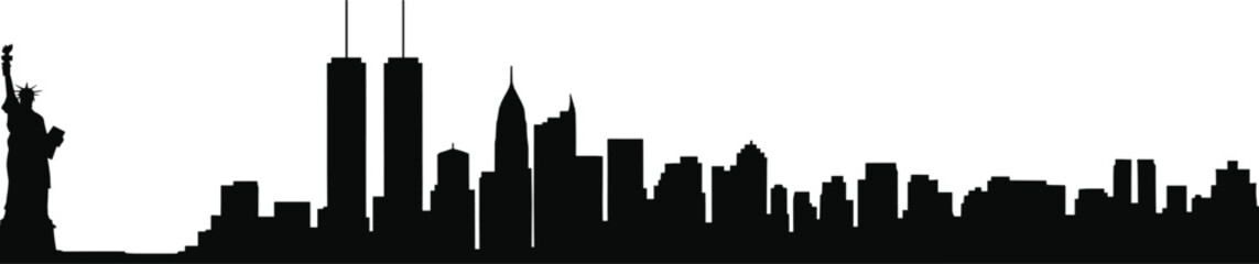 Obraz premium New York skyline silhouette with Statue of Liberty and Twin Towers, iconic Manhattan skyscrapers minimalist black urban landmark architecture isolated on light background