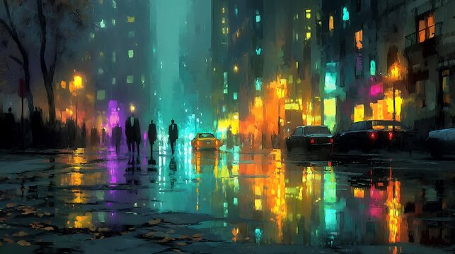 urban street scene with people walking at night