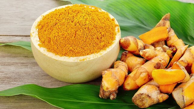 Organic turmeric powder in a wooden bowl with fresh turmeric slices on a wooden surface, natural herbal ingredient rich in antioxidants for healthy lifestyle.
