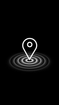 Minimal location pin with ripple waves on dark background, vertical navigation animation for mobile, tracking tech motion ideal for social media stories.