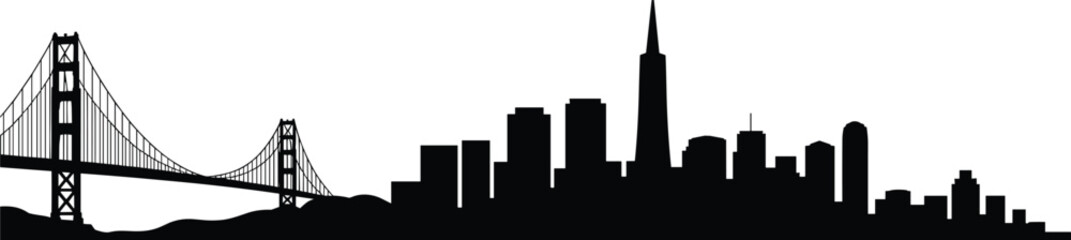 Obraz premium San Francisco skyline silhouette with Golden Gate Bridge and Transamerica Pyramid, minimalist black urban landmark architecture isolated on light background for travel design