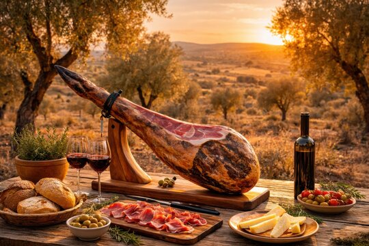 Jam&oacute;n Ib&eacute;rico im Olivenhain bei goldenem Sonnenuntergang
Iberischer Schinken mit Brot, K&auml;se, Oliven und Wein auf rustikalem Tisch im Freien.