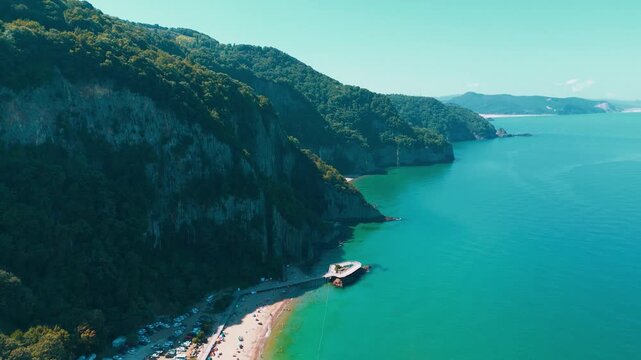 G&uuml;zelcehisar Lava Columns, Bartın Turkey &ndash; Wide Horizontal Drone Aerial of Unique Basalt Formations on the Black Sea Coast