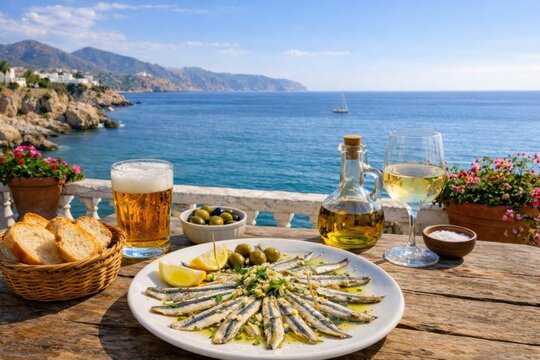 Boquerones en Vinagre an der K&uuml;ste mit Meerblick
Marinierte Sardellen mit Zitrone, Oliven&ouml;l und Wei&szlig;wein auf Terrasse am Meer serviert.