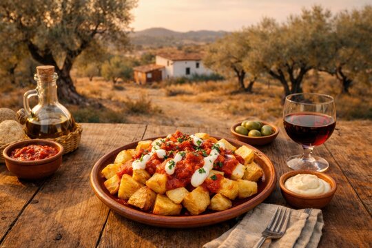 Patatas bravas im goldenen Abendlicht auf rustikalem Holztisch
Knusprige Patatas bravas mit Tomatensauce und Aioli in l&auml;ndlicher Spanienkulisse.
