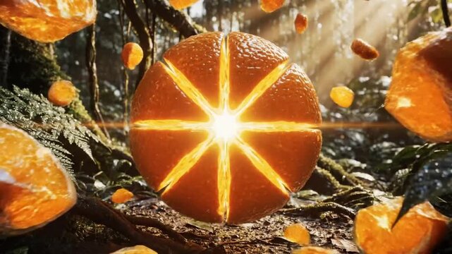 Surreal glowing orange fruit transforming and exploding with light in lush tropical rainforest