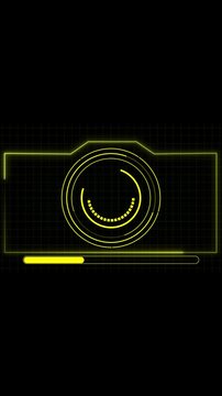 Yellow neon futuristic HUD with circular loading indicator, vertical digital animation for mobile, tech motion for social media engagement.
