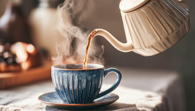 A steaming cup of tea is being poured from a ceramic teapot into a blue, textured cup on a matching saucer in a cozy setting.