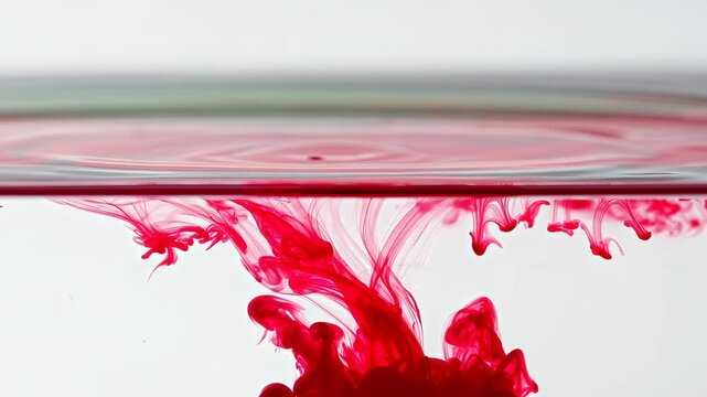 Red ink diffusing through clear water in macro view, fluid plume expanding beneath surface forming organic shapes resembling blood flow, abstract chemistry reaction and liquid dynamics.