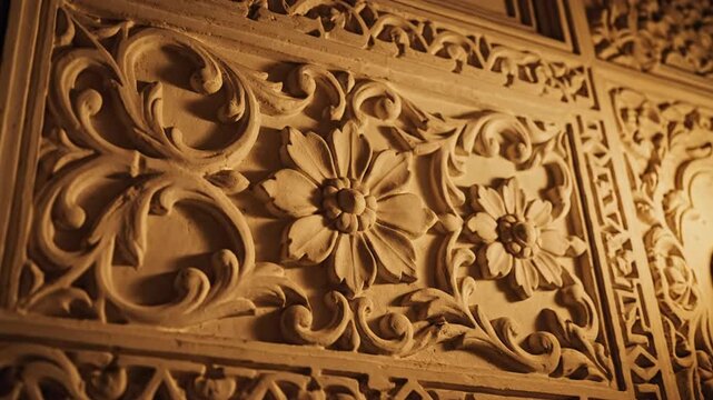 Intricate Cream Colored Architectural Detail Featuring Floral and Swirl Patterns With Warm Dramatic Lighting Creating Depth and Shadows