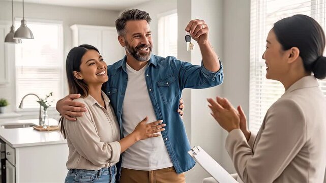 Happy couple receiving house keys from real estate agent in modern kitchen celebrating home