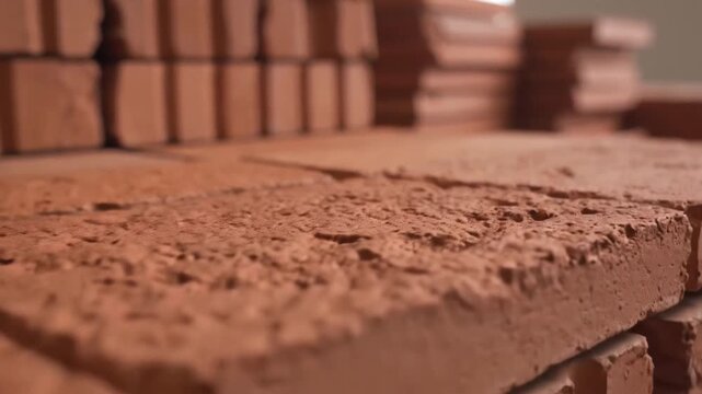 Close up of stacked red bricks with rough texture.