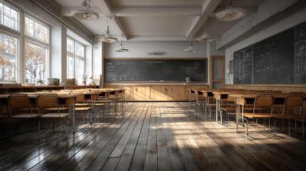 Obraz premium classroom interior with blackboard and books on desks, clean and bright, organized and minimalistic educational space
