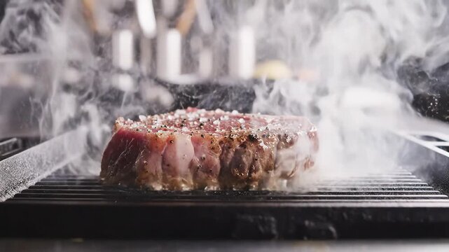 Closeup of a raw tomahawk steak being seasoned on a grill.