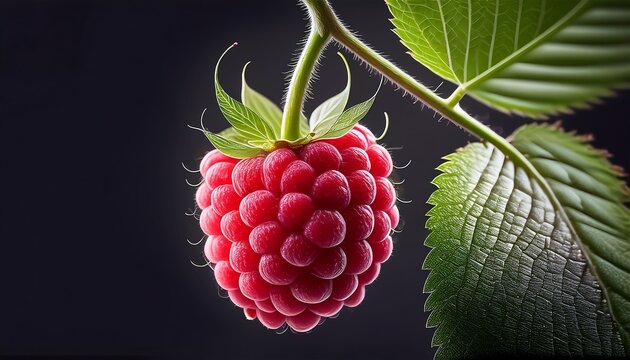 Fresh ripe raspberry hanging on green stem with detailed leaves and vibrant red texture on dark background