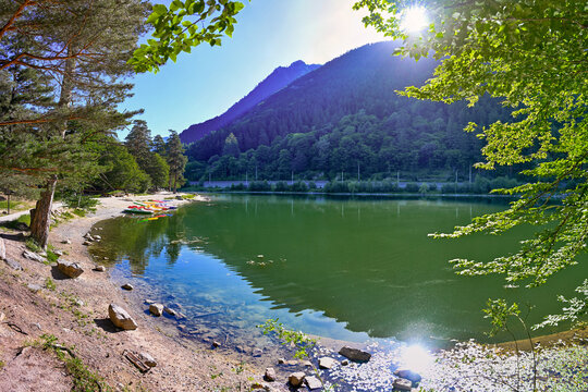 Morning landscape of the mountain Lake Kara-Kol in Teberda, Karachay-Cherkessia Republic of Russia