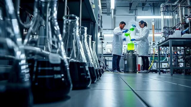 Lowangle pilot plant with scientists handling fluorescent green reactor sample, row of conical flasks in foreground, lab coats and gloves, analytical instruments and piping in background,