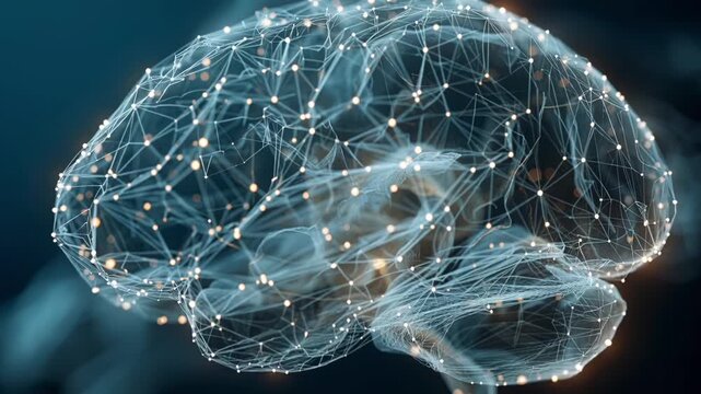 Digital plexus brain with glowing blue and gold neural connections on a dark background. Advanced AI, Future technology, Data processing