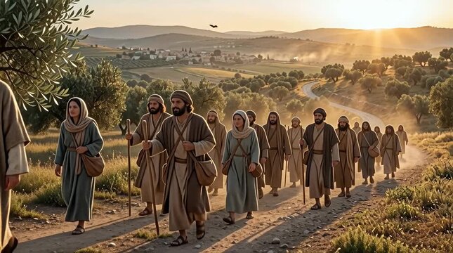 Jesus traveling rural Galilee paths with followers