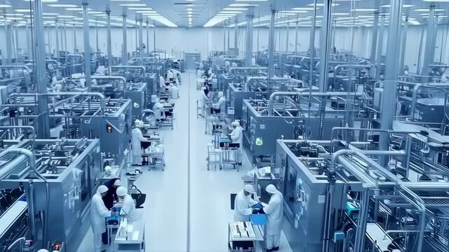 Vast assembly hall with rows of machinery and technicians, systematic workflows across aisles, highvolume manufacturing, bright overhead lighting, collaborative operator teams performing